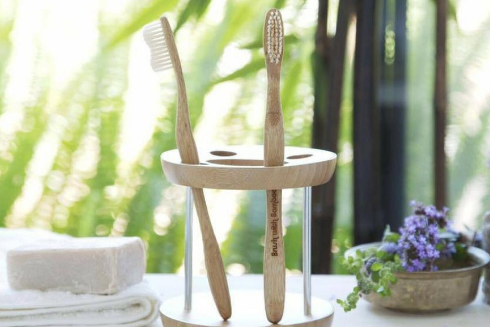 Cepillos de dientes de bambú rodeados de plantas medicinales para fortalecer los dientes y encías.